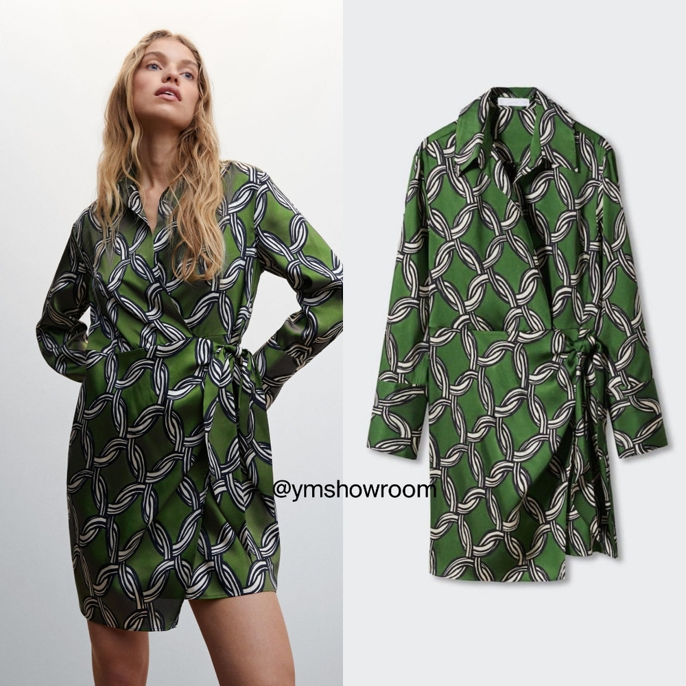 Mango Green Chain-Print Wrap Dress, Size M